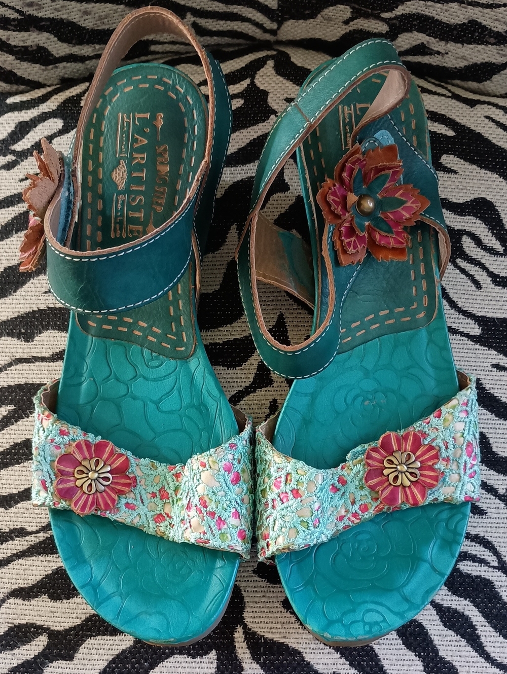 Gorgeous Statement Teal Floral Leather Sandals with Burgundy Accents.